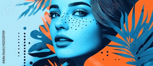 Wallpaper Mural Artistic portrait of a young woman with vibrant colors and tropical foliage background, showcasing beauty, creativity, and modern digital design trends. Torontodigital.ca