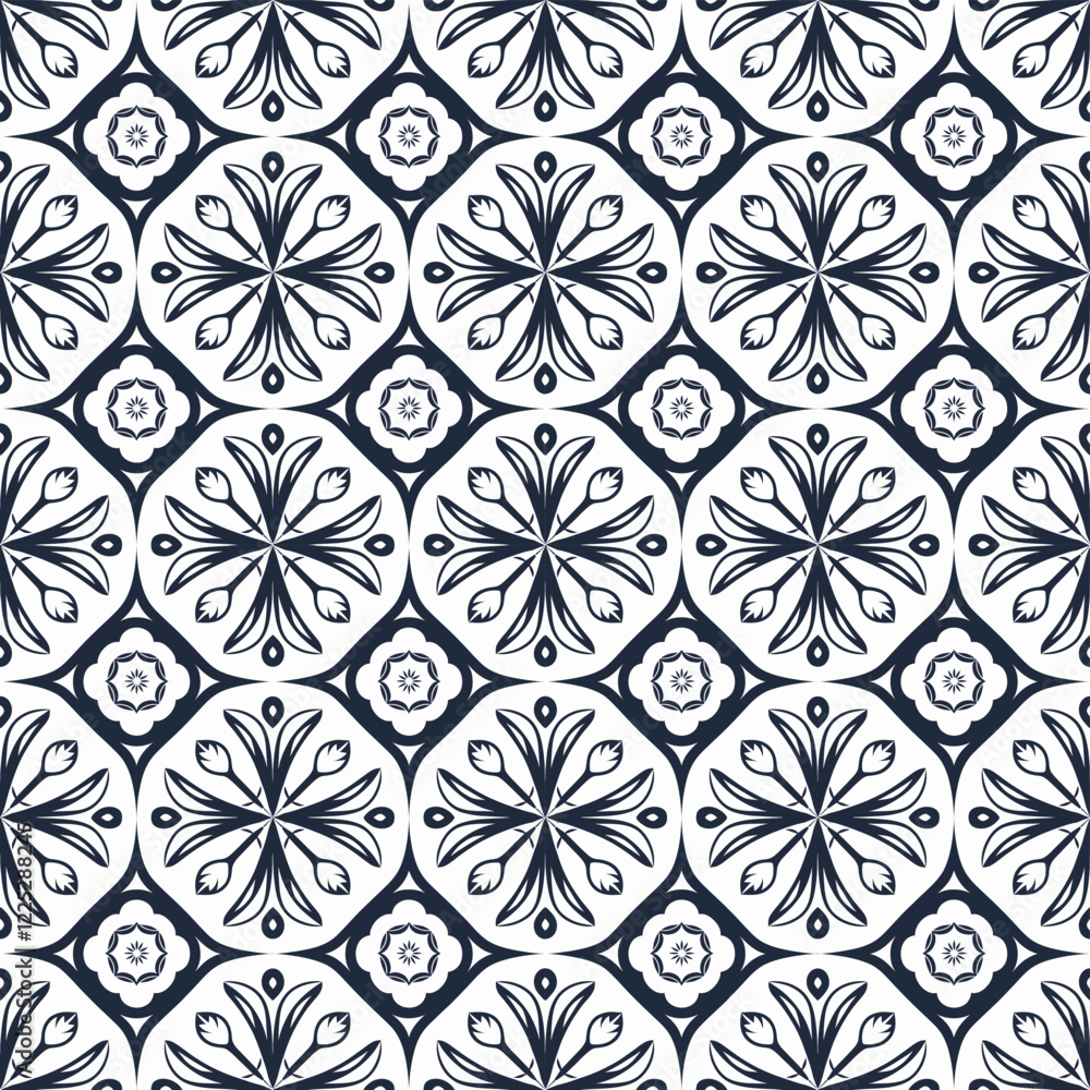 Classic Blue and White Tile Pattern with Symmetrical Ornamental Details Classic Blue and White Tile Pattern with Symmetrical Ornamental Details