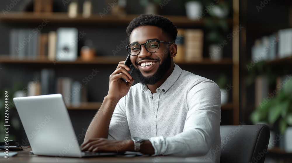 Happy Black Businessman on a Phone Call Working on Laptop in Mod Happy Black Businessman on a Phone Call Working on Laptop in Mod