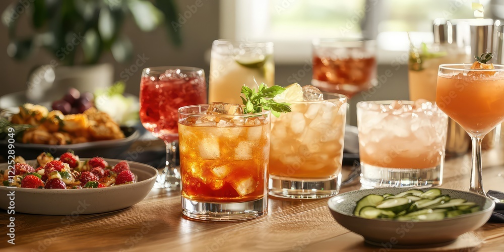 A cocktail table spread with various drinks and appetizers. A cocktail table spread with various drinks and appetizers.