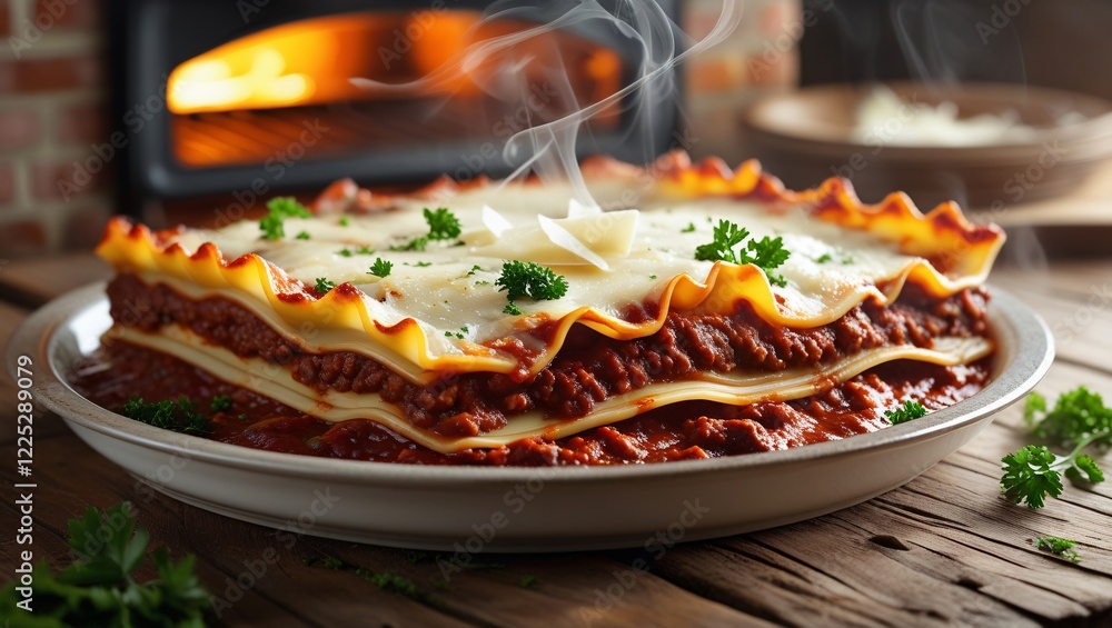 A golden-brown beef lasagna, with layers of meat sauce, ricotta, noodles, and melted mozzarella, garnished with parsley and Parmesan, set on a rustic wooden table. A golden-brown beef lasagna, with layers of meat sauce, ricotta, noodles, and melted mozzarella, garnished with parsley and Parmesan, set on a rustic wooden table.