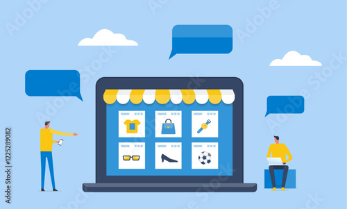  flat vector illustration design for online shopping and online store and digital communication concept. with cutomer  and seller use digital marketplace.
