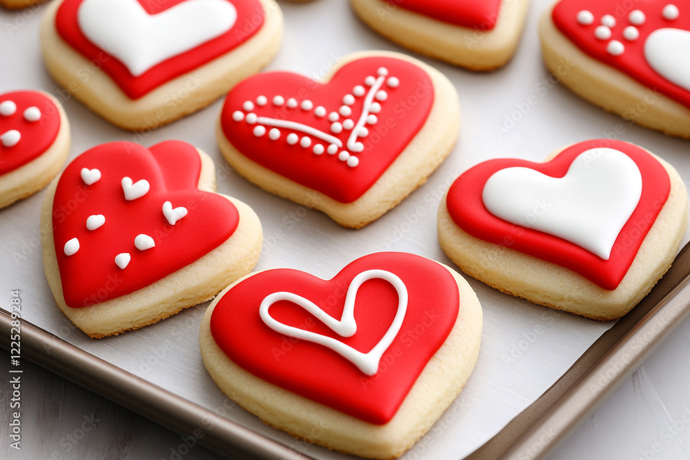 Flat Lay of Valentine's Day-Themed Cookies Iced in Red - Ideal for Valentine's Day Marketing and Social Media Campaigns Flat Lay of Valentine's Day-Themed Cookies Iced in Red - Ideal for Valentine's Day Marketing and Social Media Campaigns