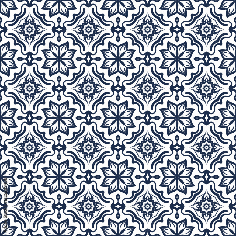 Fototapeta premium Elegant Blue and White Ornamental Tile Pattern with Soft Floral Accents