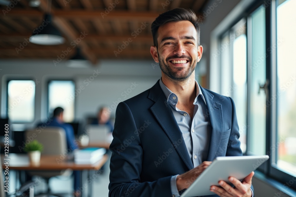Confident Businessman Holding Tablet in Modern Office Setting, Engaging with Team and Enhancing Productivity in a Collaborative Workspace Confident Businessman Holding Tablet in Modern Office Setting, Engaging with Team and Enhancing Productivity in a Collaborative Workspace
