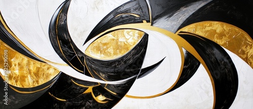 Abstract painting with swirling black, white, and gold shapes on canvas. Modern art for interior design, home decor, or gallery display, enhancing artistic ambiance. photo