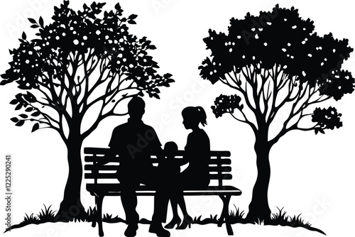 happy family Sitting on a Park Bench under tree Silhouette