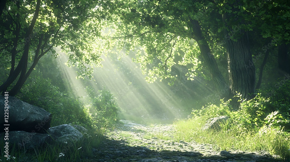 Serene forest sunbeams pierce dense foliage along a sunlit path in the wilderness Serene forest sunbeams pierce dense foliage along a sunlit path in the wilderness