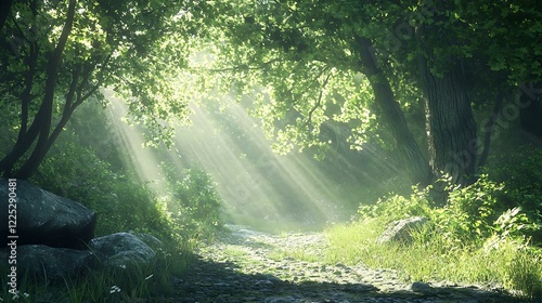 Serene forest sunbeams pierce dense foliage along a sunlit path in the wilderness