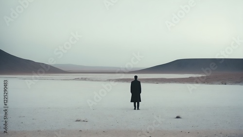 Silhouette of alone man standing in desert landscape, back view.