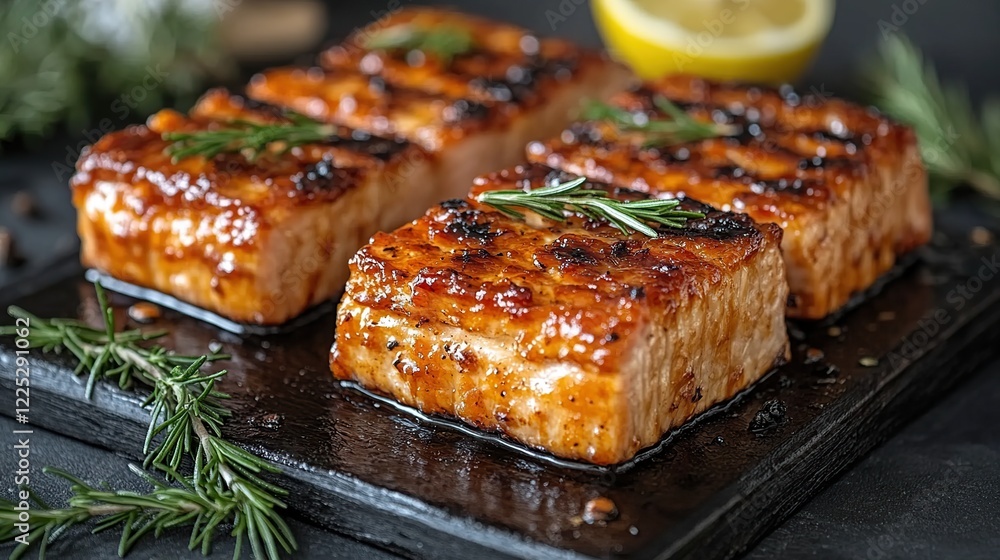 Grilled salmon fillets, rosemary, lemon, dark background, food photography, recipe Grilled salmon fillets, rosemary, lemon, dark background, food photography, recipe