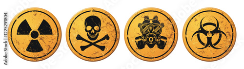 Rusty Danger Warning Circle Yellow Sign. Radiation, Toxic, Poison, Skull And Crossbones, Gas Mask Warning, Biohazard signs. Vector Illustration