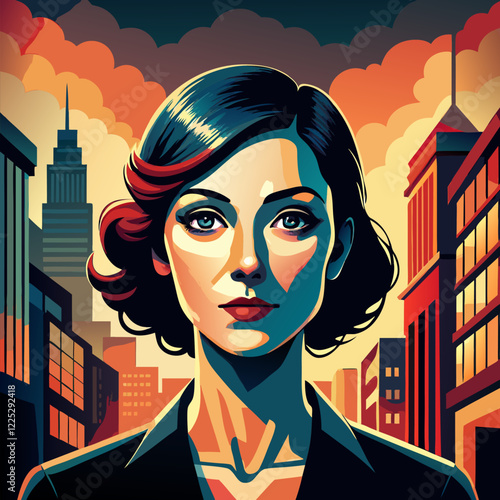 Confident woman avatar with retro hairstyle in vibrant cityscape at sunset
