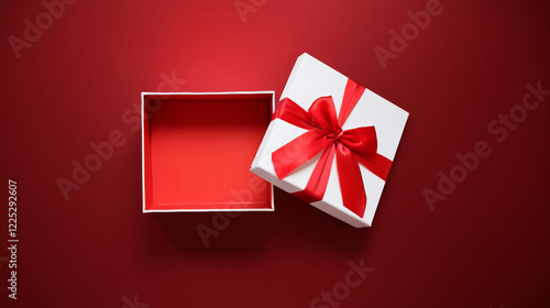 White gift box with red satin ribbon top view.