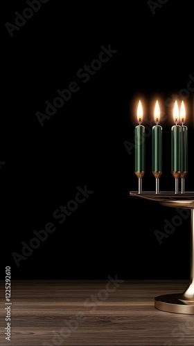 Menorah with burning candles sits on a wooden table surrounded by festive decor, capturing the spirit of Hanukkah photo