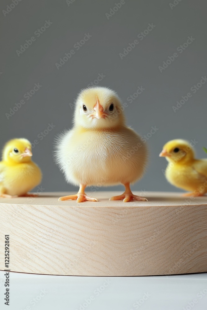 Fototapeta premium small fluffy chickens on wooden podium, minimalistic, authentic