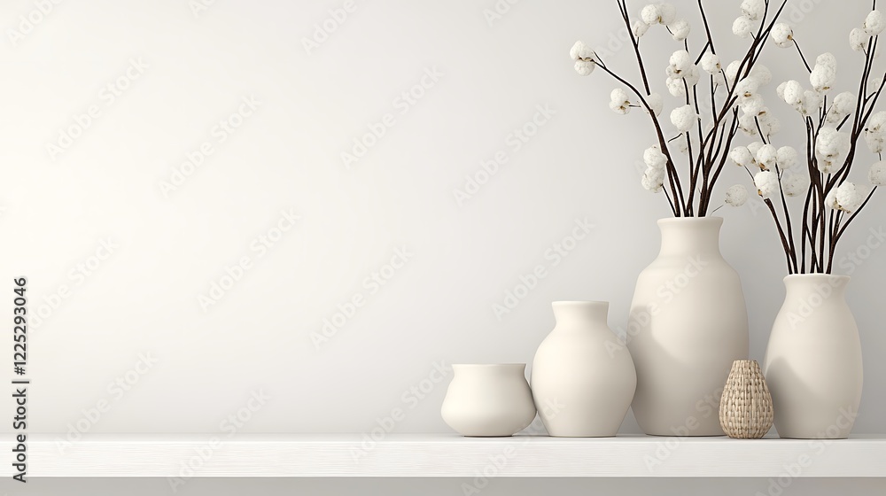 White Vases and Cotton Branches on Shelf White Vases and Cotton Branches on Shelf