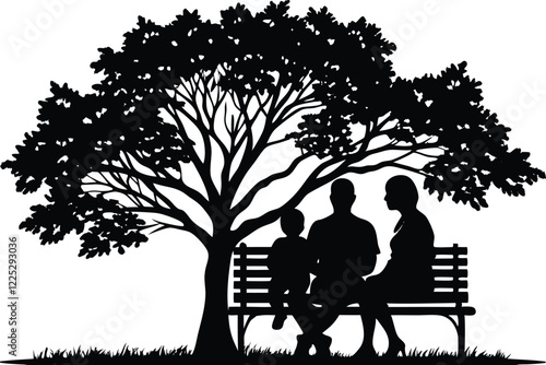 mom and dad and Son Sitting on a Park Bench under tree Silhouette