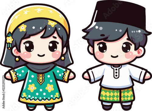 Cute muslim boy and girl. Happy Ramadan, Happy Fasting Day. Selamat Hari Raya Aidilfitri greeting card cartoon character.