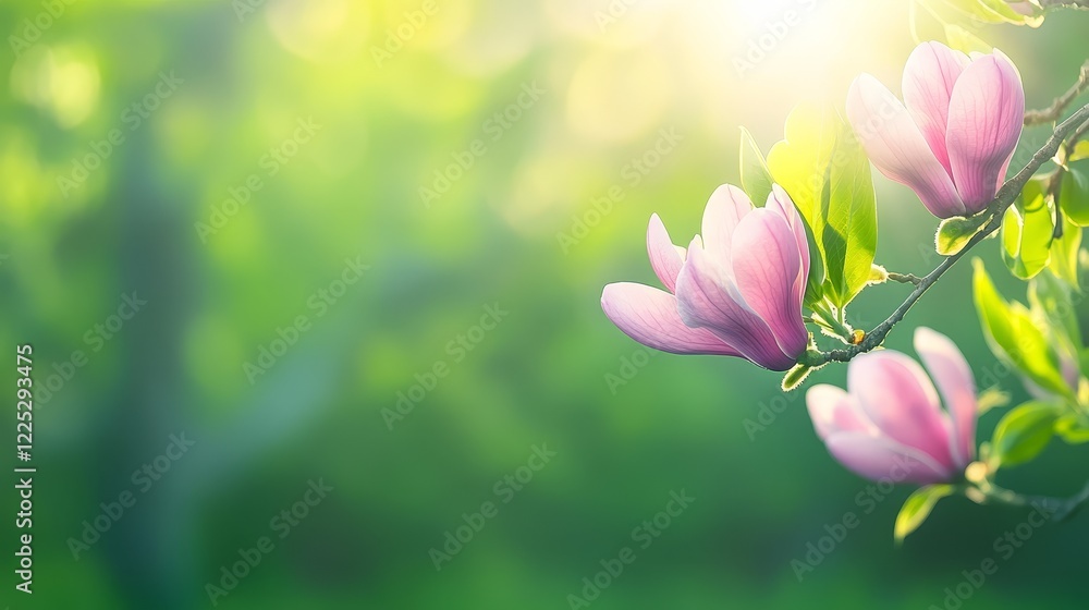 Closeup of a vibrant pink flower blossom on branch with lush green leaves in spring Closeup of a vibrant pink flower blossom on branch with lush green leaves in spring