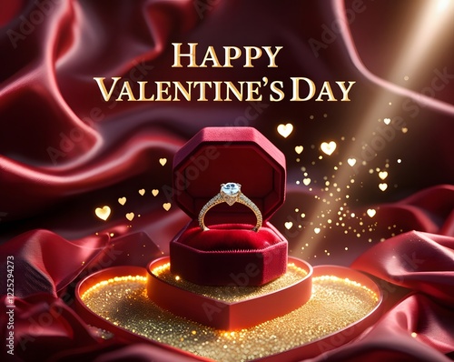 Wallpaper Mural Elegant Valentine's Day Proposal – A Stunning Diamond Ring in a Heart-Shaped Box on Luxurious Red Silk with Golden Sparkles. Torontodigital.ca