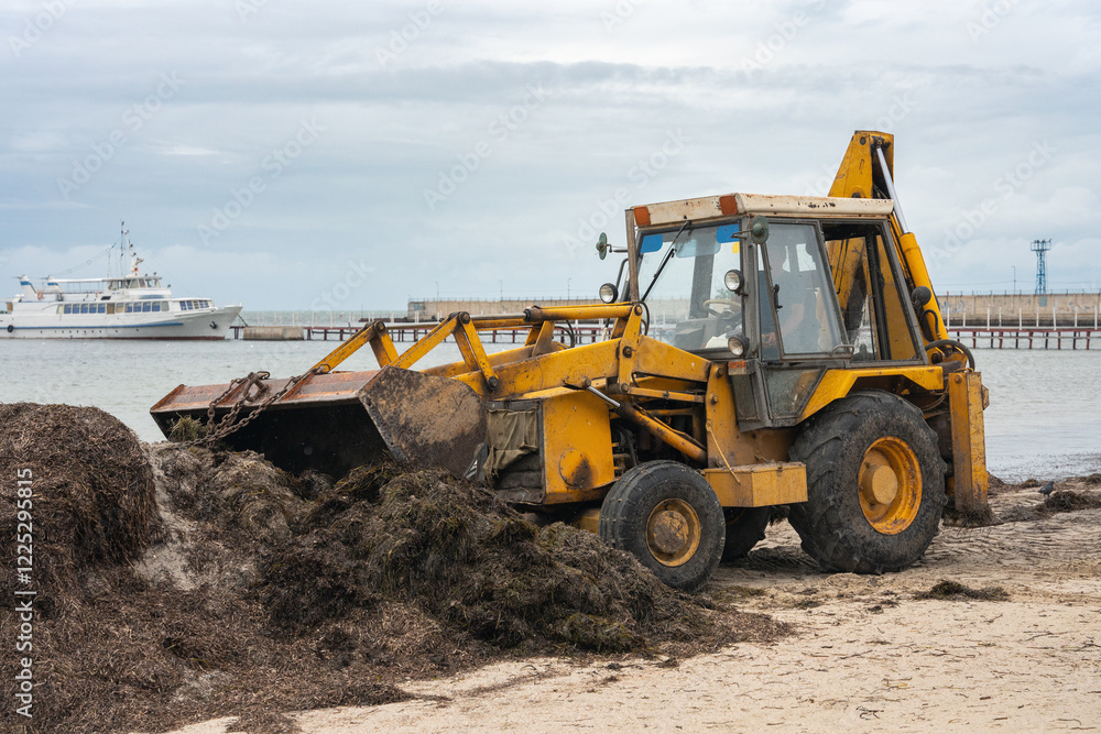Cleaning the beach from algae using an excavator Cleaning the beach from algae using an excavator