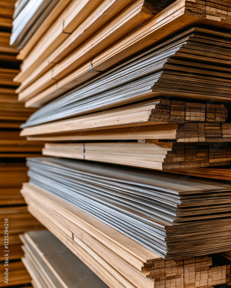 Fototapeta premium Stacked Lumber Sheets in a Warehouse Displaying Various Wood Types and Finishes for Construction Use
