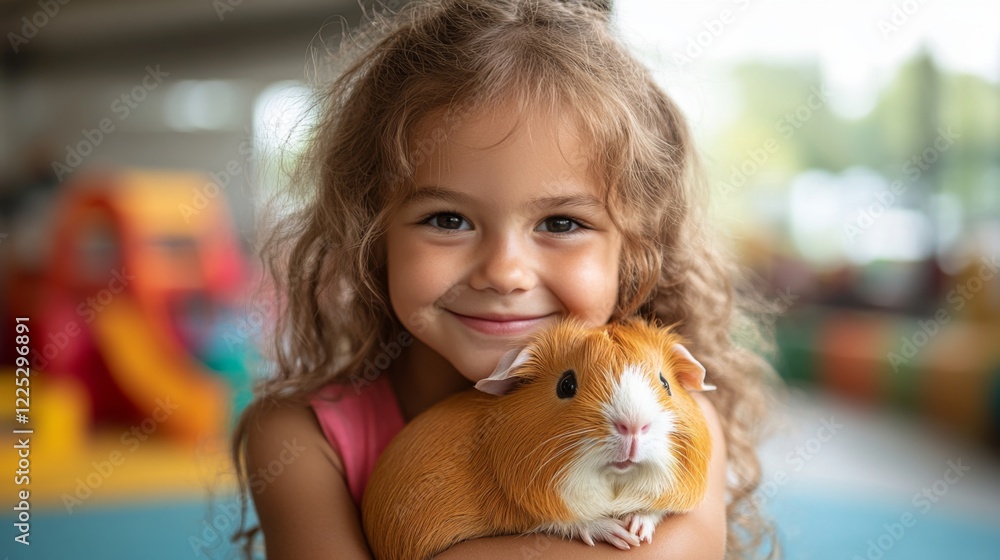 A young girl with curly hair beams joyfully as she cradles a guinea pig in her arms, surrounded by vibrant play structures in an indoor setting. A young girl with curly hair beams joyfully as she cradles a guinea pig in her arms, surrounded by vibrant play structures in an indoor setting.