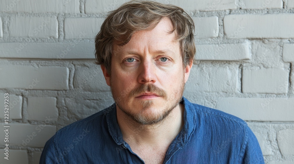 A man with medium-length curly hair and a beard sits calmly, staring directly ahead. Soft natural light highlights the textures of the brick wall behind him, creating a thoughtful atmosphere A man with medium-length curly hair and a beard sits calmly, staring directly ahead. Soft natural light highlights the textures of the brick wall behind him, creating a thoughtful atmosphere