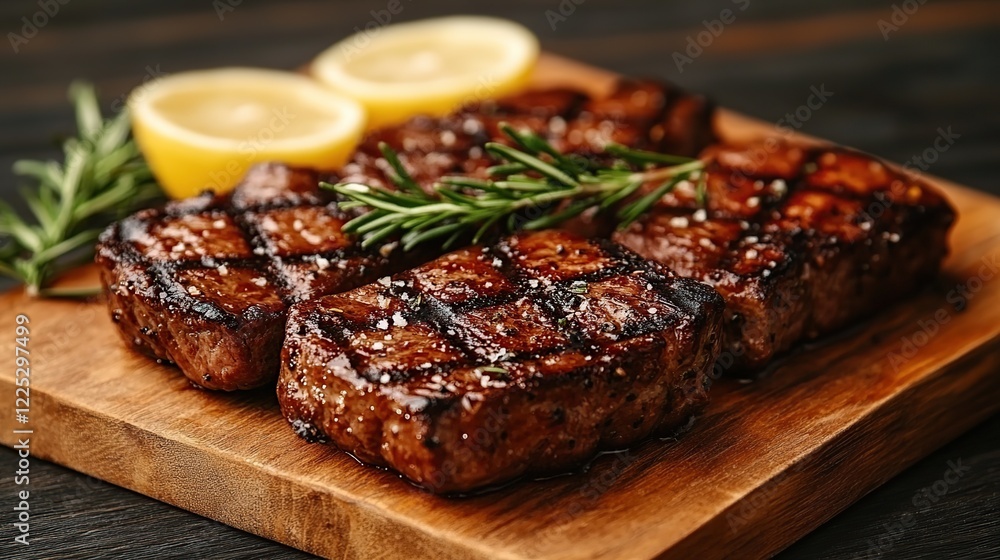 Grilled steaks, lemon, rosemary, wooden board, dark background; food photography