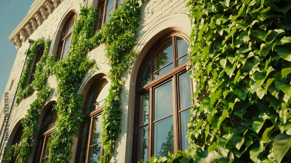 Fototapeta premium Lush Green Ivy Climbing Up Beautiful Historic Building with Elegant Arch Windows and Bright Blue Sky