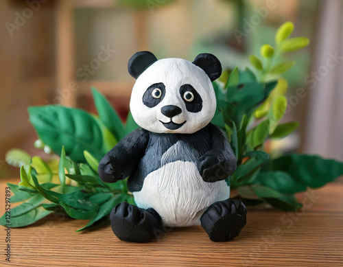 Creative handmade plasticine panda cartoon home studio art creation cozy environment whimsical viewpoint for kids decor photo