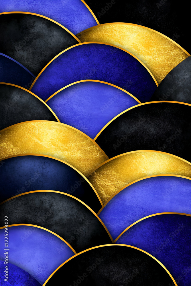 Fototapeta premium A vibrant pattern featuring interlocking blue, gold, and black waves, creating a dynamic and elegant design.