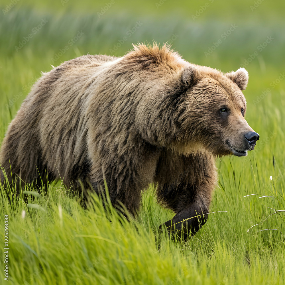 Obraz premium rough brown bear male approaching on meadow
