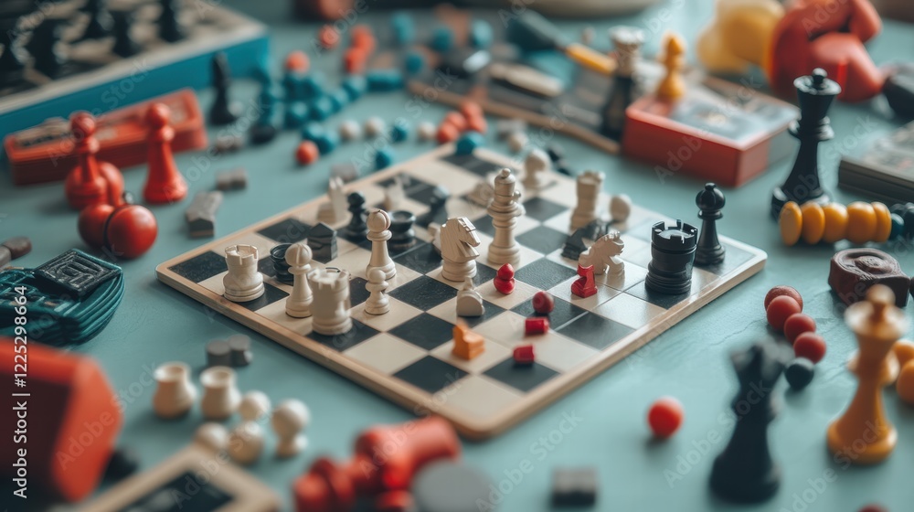 A table filled with classic board games like chess, checkers, and Scrabble A table filled with classic board games like chess, checkers, and Scrabble