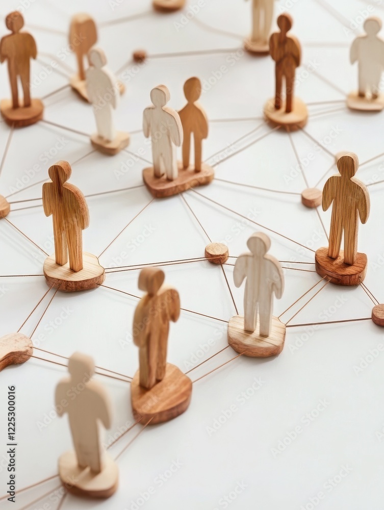 Obraz premium Network concept with wooden figures connected on a white surface symbolizing human resources strategy and management