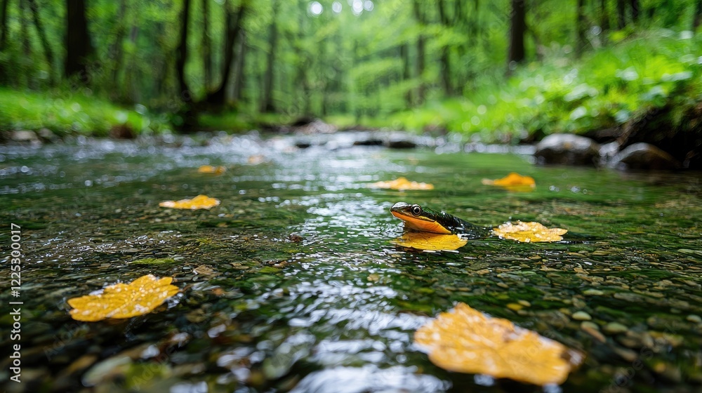 Fototapeta premium Yellow autumn leaves float on the surface of a clear forest stream during a bright autumn day.