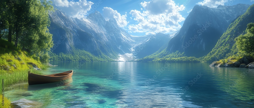Obraz premium Summer lake with crystalclear water and towering mountains, view from a boat, peaceful nature scene, generative AI art, ultrarealistic, 8K resolution, bright colors