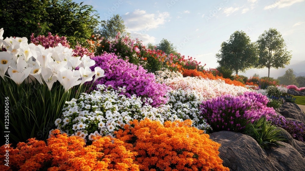 Obraz premium Vibrant Floral Garden Landscape with Colorful Blooming Flowers and Lush Greenery in Spring or Summer