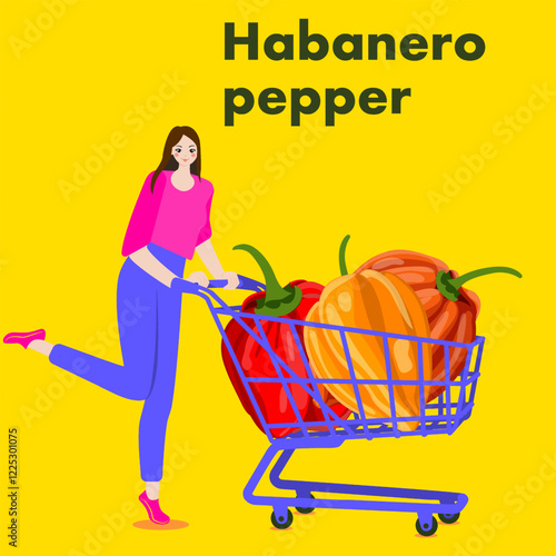 A woman holds cart with Habanero chili peppers.  Chile peppers. Isolated vector illustration.