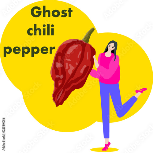 A woman holds Ghost chili pepper. Isolated vector illustration.