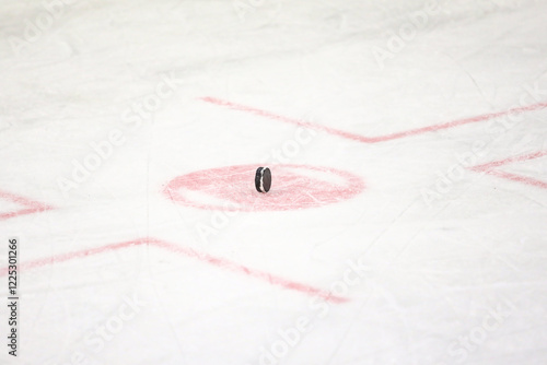 Photography Black rubber puck standing vertical on a ice hockey rink face off circle middle