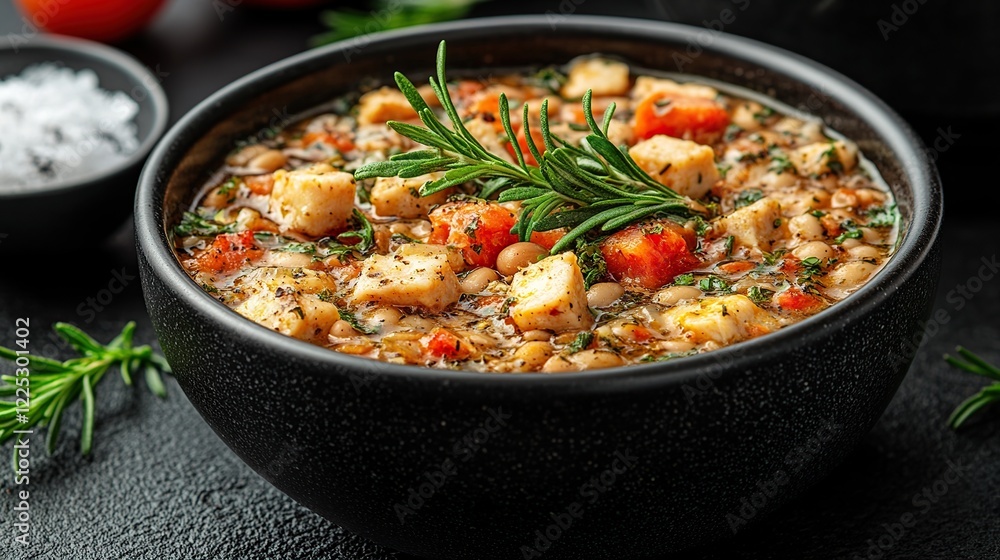 Hearty chicken and bean soup, rosemary garnish, dark background Hearty chicken and bean soup, rosemary garnish, dark background