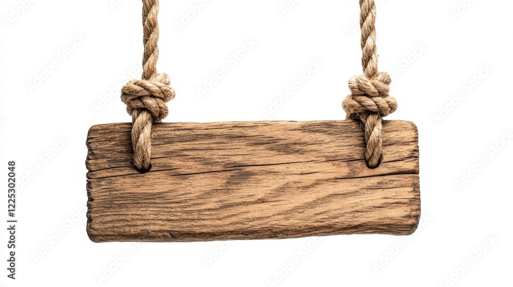 Weathered wooden signboard suspended by nautical ropes, hanging against transparent backdrop ready for custom messaging Weathered wooden signboard suspended by nautical ropes, hanging against transparent backdrop ready for custom messaging