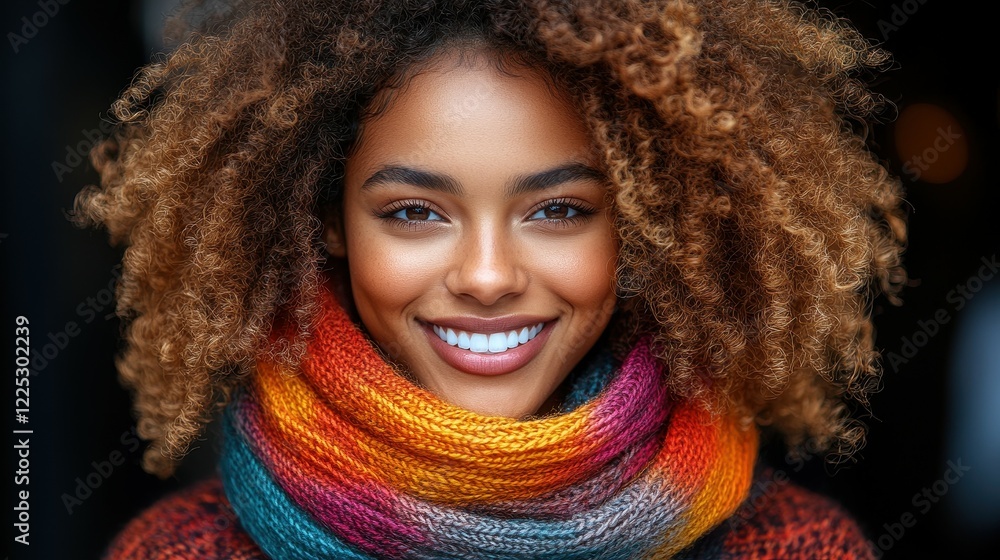 A cheerful woman with curly hair wears a multi-colored scarf, showcasing her radiant smile against an urban backdrop. The setting is lively, capturing a joyful atmosphere A cheerful woman with curly hair wears a multi-colored scarf, showcasing her radiant smile against an urban backdrop. The setting is lively, capturing a joyful atmosphere