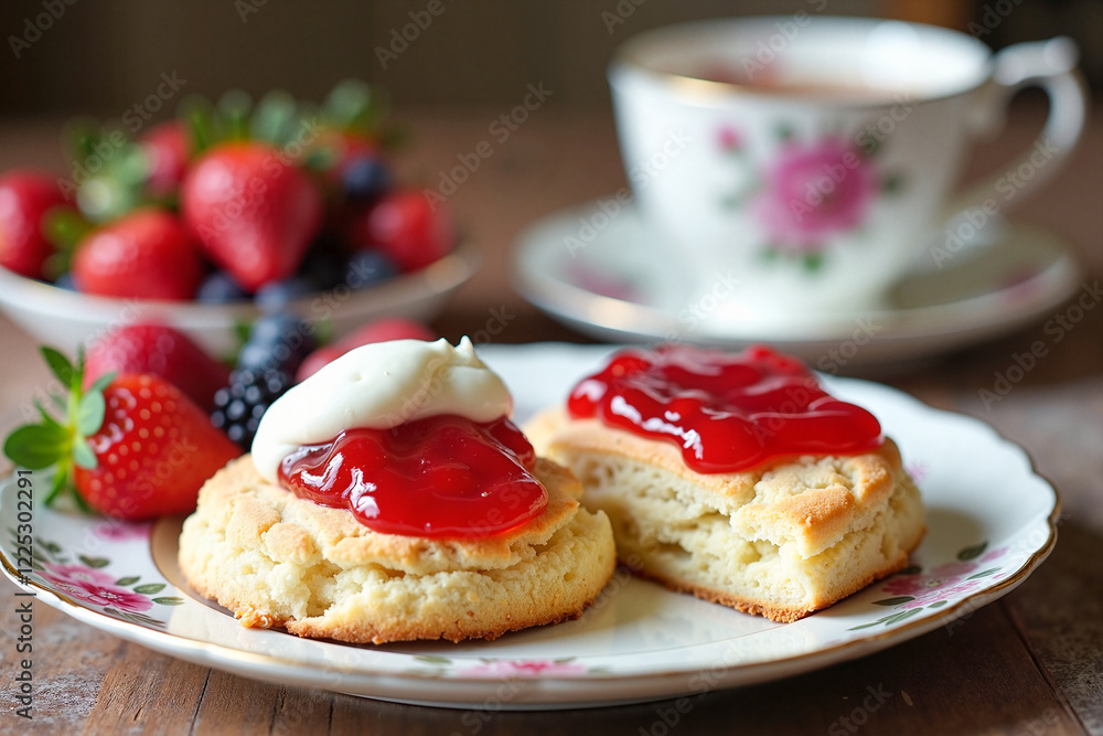 Classic English scones topped with strawberry jam and clotted cream, surrounded by fresh berries and a cup of tea in floral china, delightful culinary experience. Сlassic english cuisine Classic English scones topped with strawberry jam and clotted cream, surrounded by fresh berries and a cup of tea in floral china, delightful culinary experience. Сlassic english cuisine