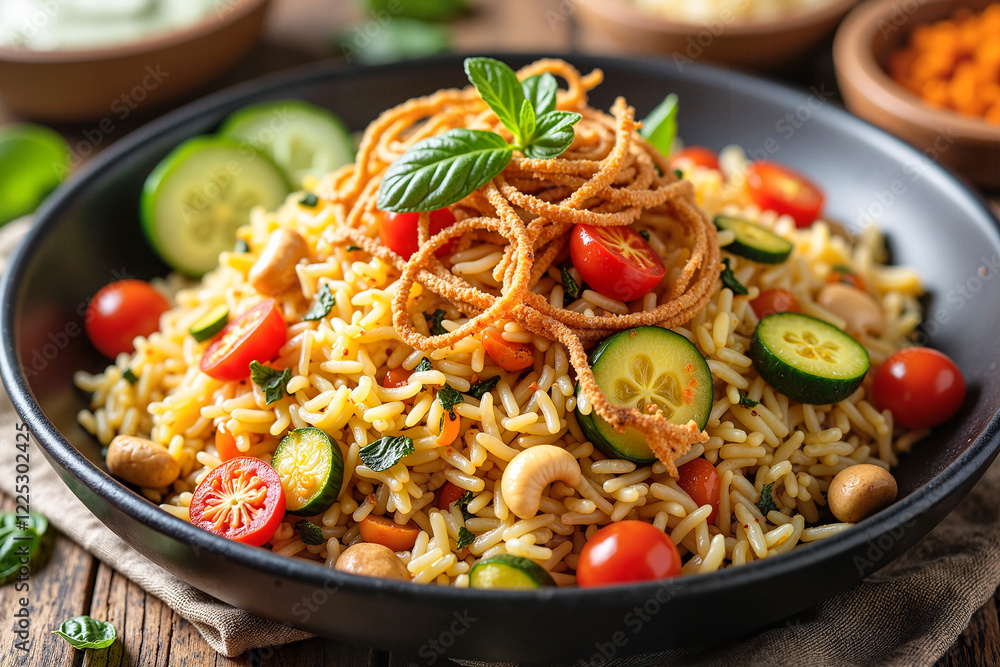 Vibrant vegetable biryani with saffron-infused basmati rice, mixed vegetables, roasted cashews, and crispy fried onions in a stylish presentation, culinary delight. Indian cuisine Vibrant vegetable biryani with saffron-infused basmati rice, mixed vegetables, roasted cashews, and crispy fried onions in a stylish presentation, culinary delight. Indian cuisine