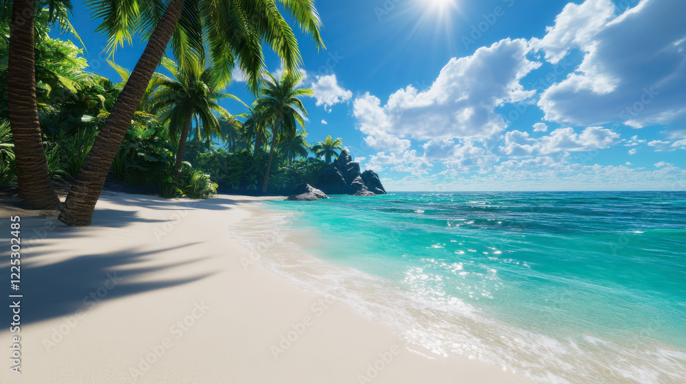 Fototapeta premium Idyllic tropical shore with soft white sand, clear turquoise waves, and vibrant palms