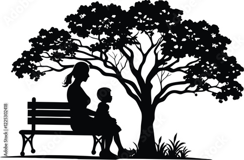 Silhouette Mother Son Sitting on a Park Bench