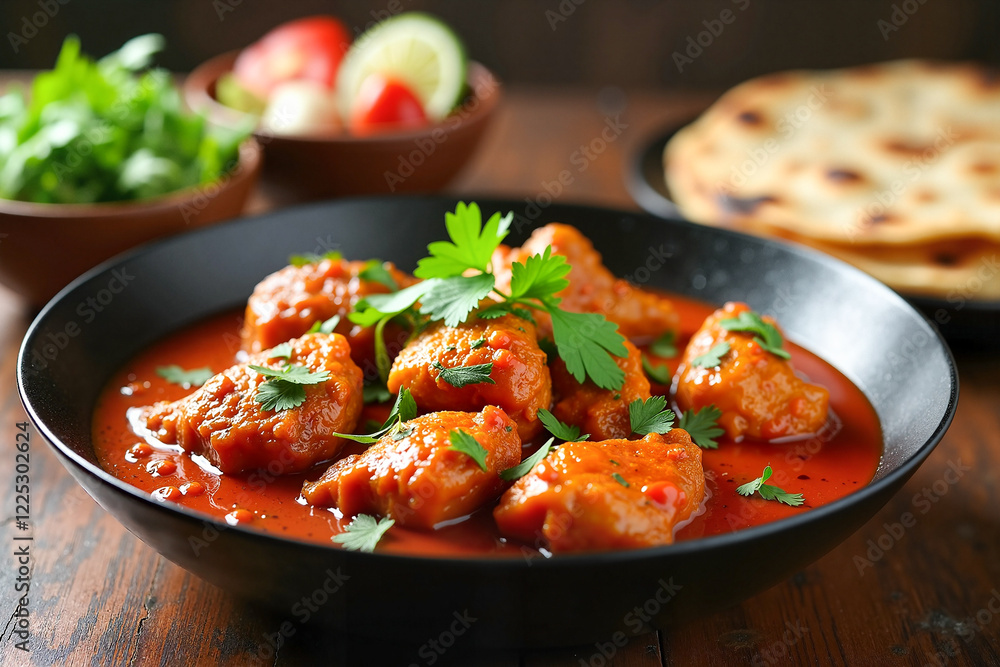 Realistic chicken karahi with spicy tomato-based sauce and fresh coriander, served with naan and salad, food photography concept. Pakistani cuisine Realistic chicken karahi with spicy tomato-based sauce and fresh coriander, served with naan and salad, food photography concept. Pakistani cuisine